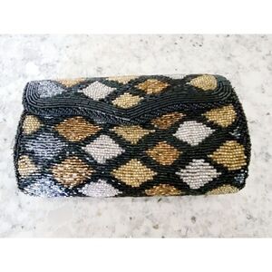 Vintage Gold Black & Copper Hand Beaded Clutch Purse‎ With Strap 8x4 Unused